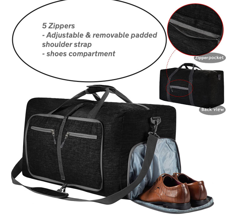 Travel Duffle Bag 85L Black, Foldable, with Shoes Compartment, Best sale