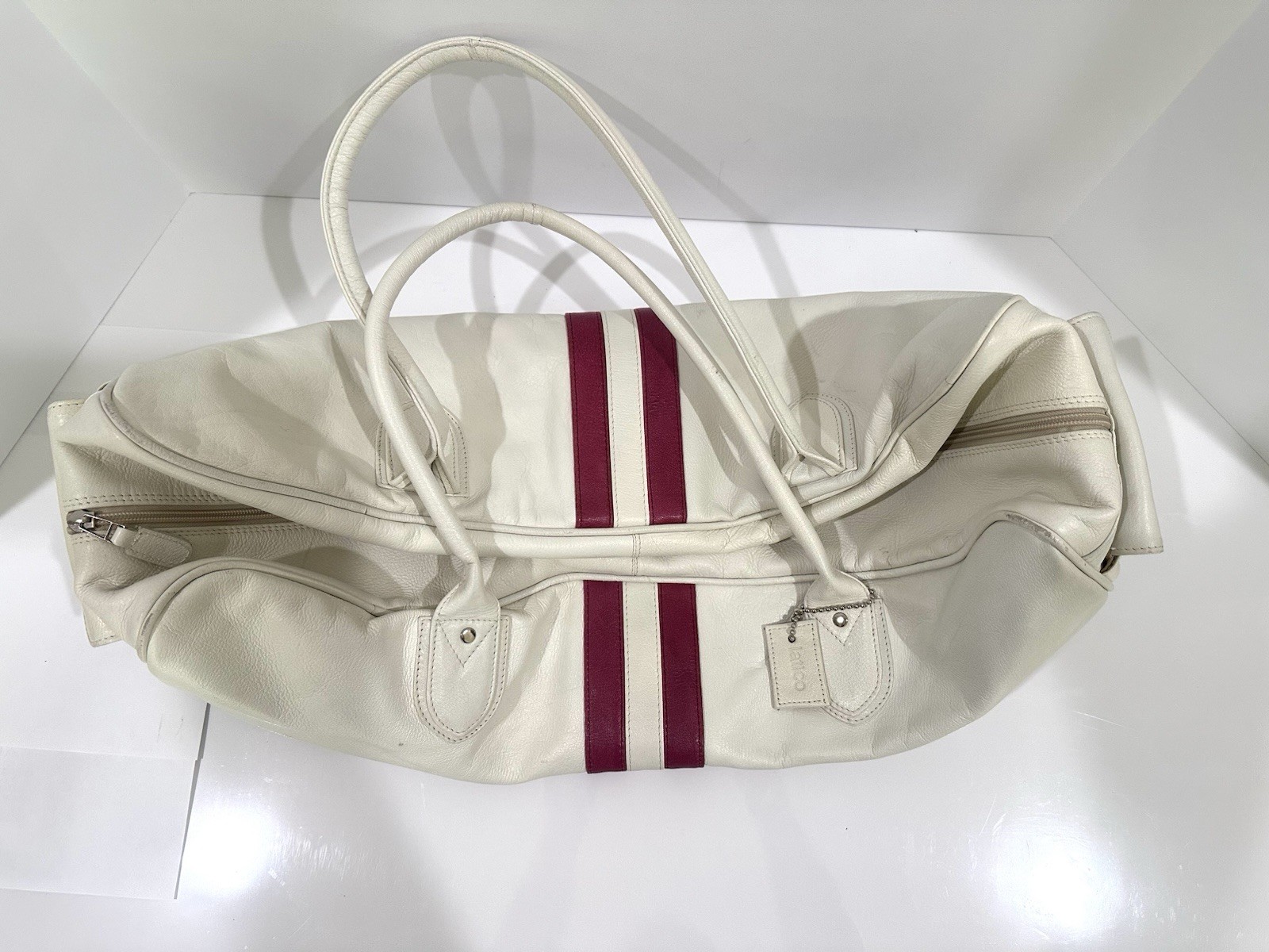 Latico NJ 22” Leather Retro Duffel Weekender Bag White w Pink Bowling Stripes