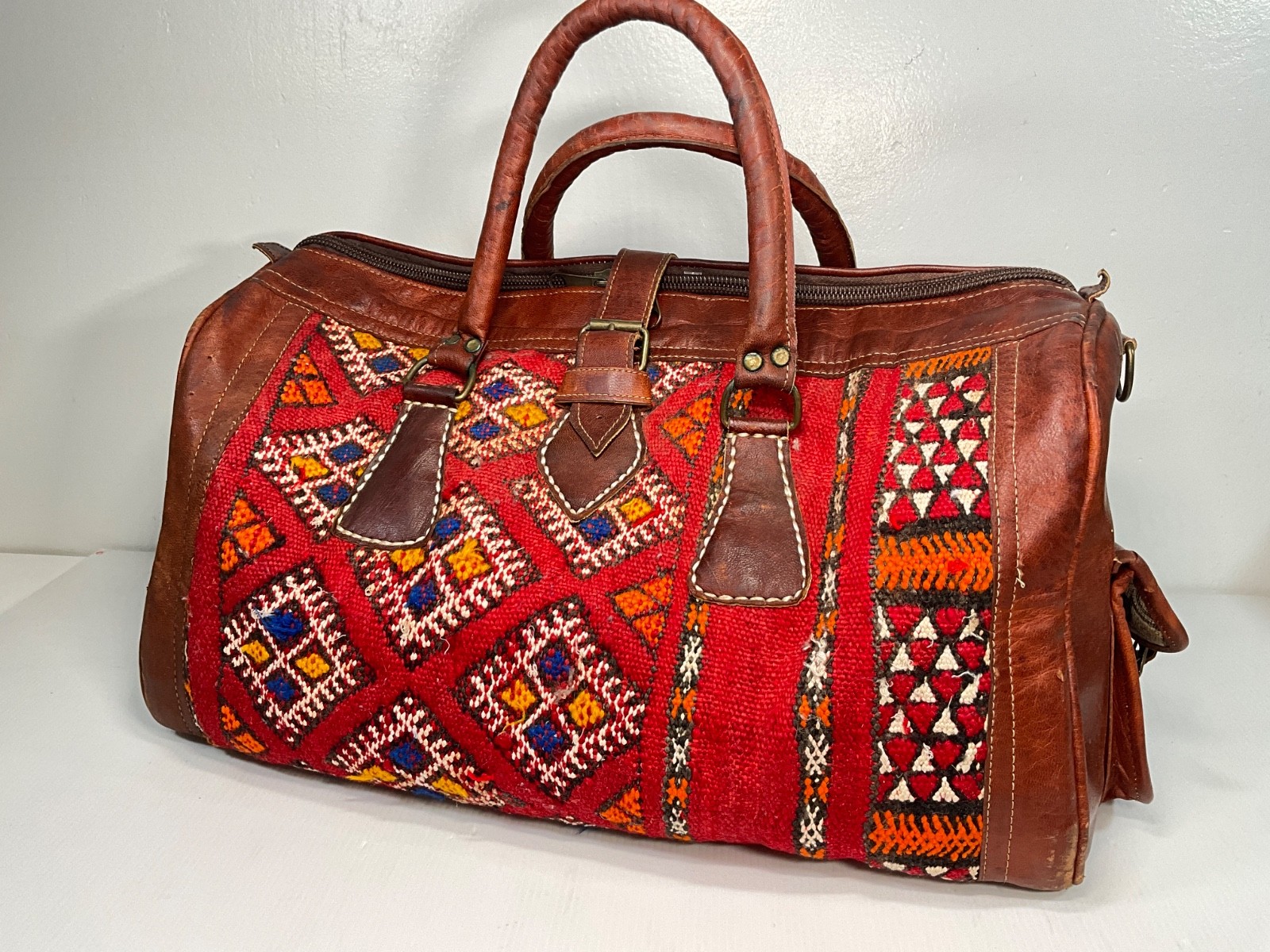 Vintage Morocco Kilim Large Duffle Bag Weekender Boho Leather Carpet 20 x10 x 10