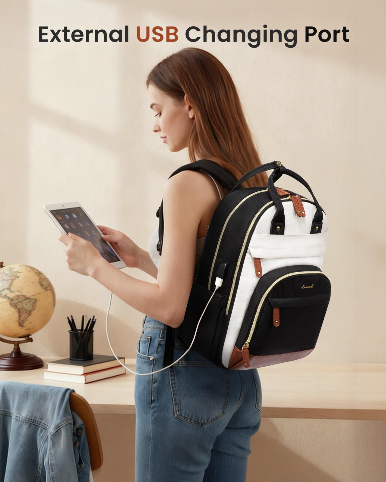 LOVEVOOK 15.6in Waterproof Laptop Backpack Women USB Bag Beige~Black~Brown