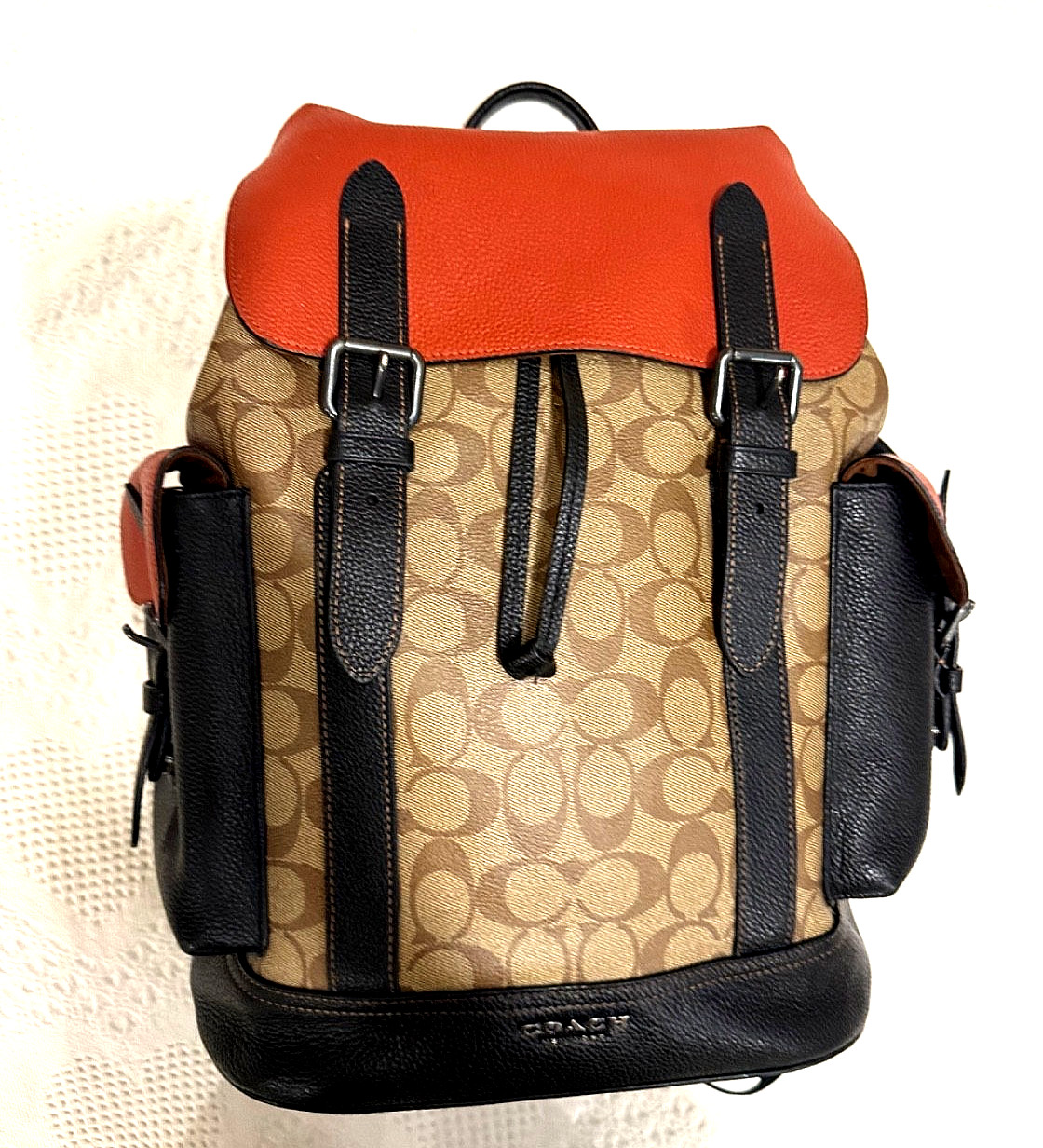 Coach Hudson Backpack In Colorblock Signature Canvas Khaki Terracotta C8145