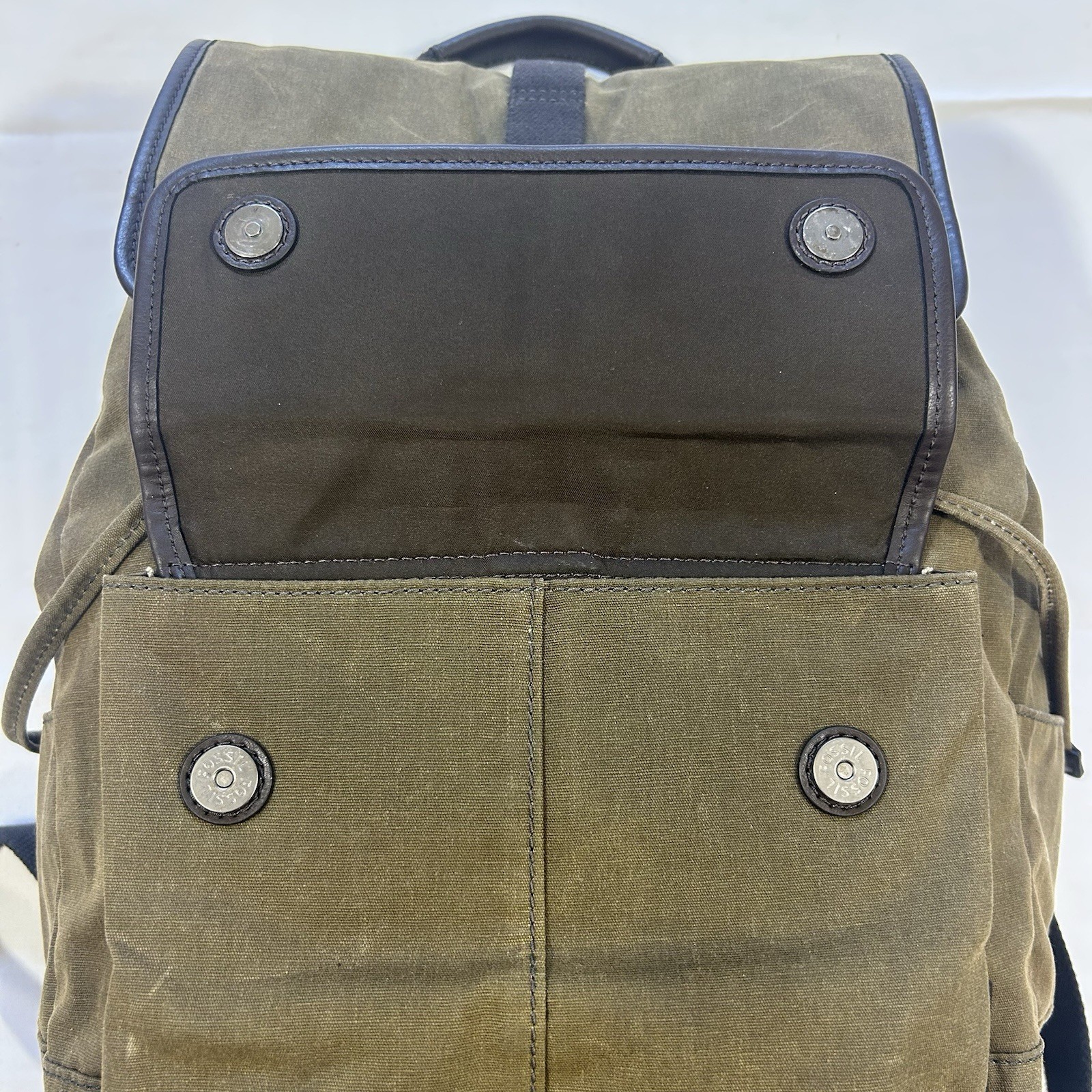 Fossil Buckner Canvas Olive/Khaki Brown Faux Leather Trim Rucksack Backpack Bag