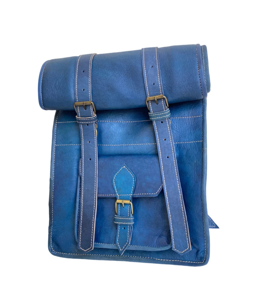 Handcrafted Genuine Leather Roll Top Bag – Denim Blue | 55cm | 100% Handmade