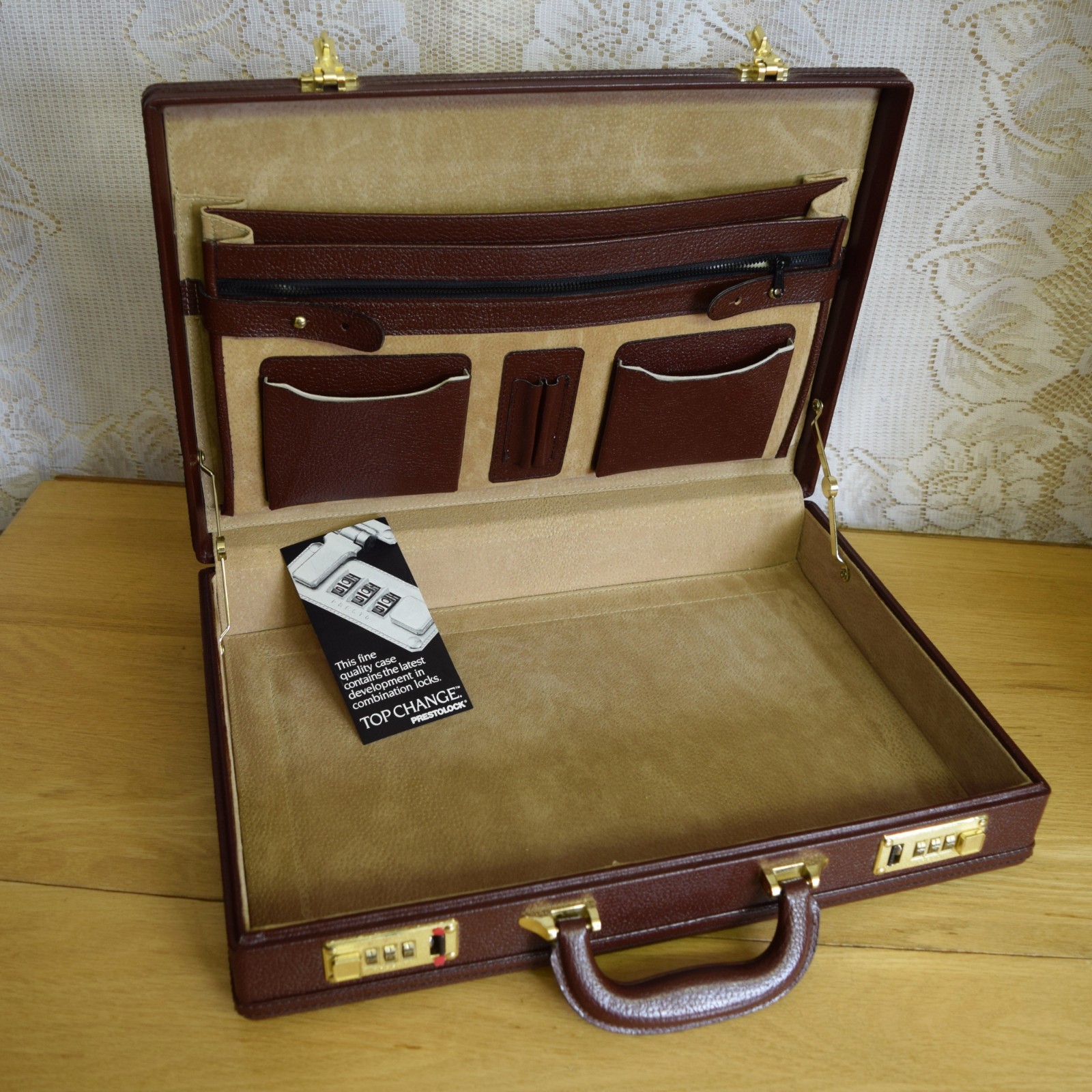 VTG Prestolock Combination Lock Mens Red Leather Attache Briefcase Hard Sided