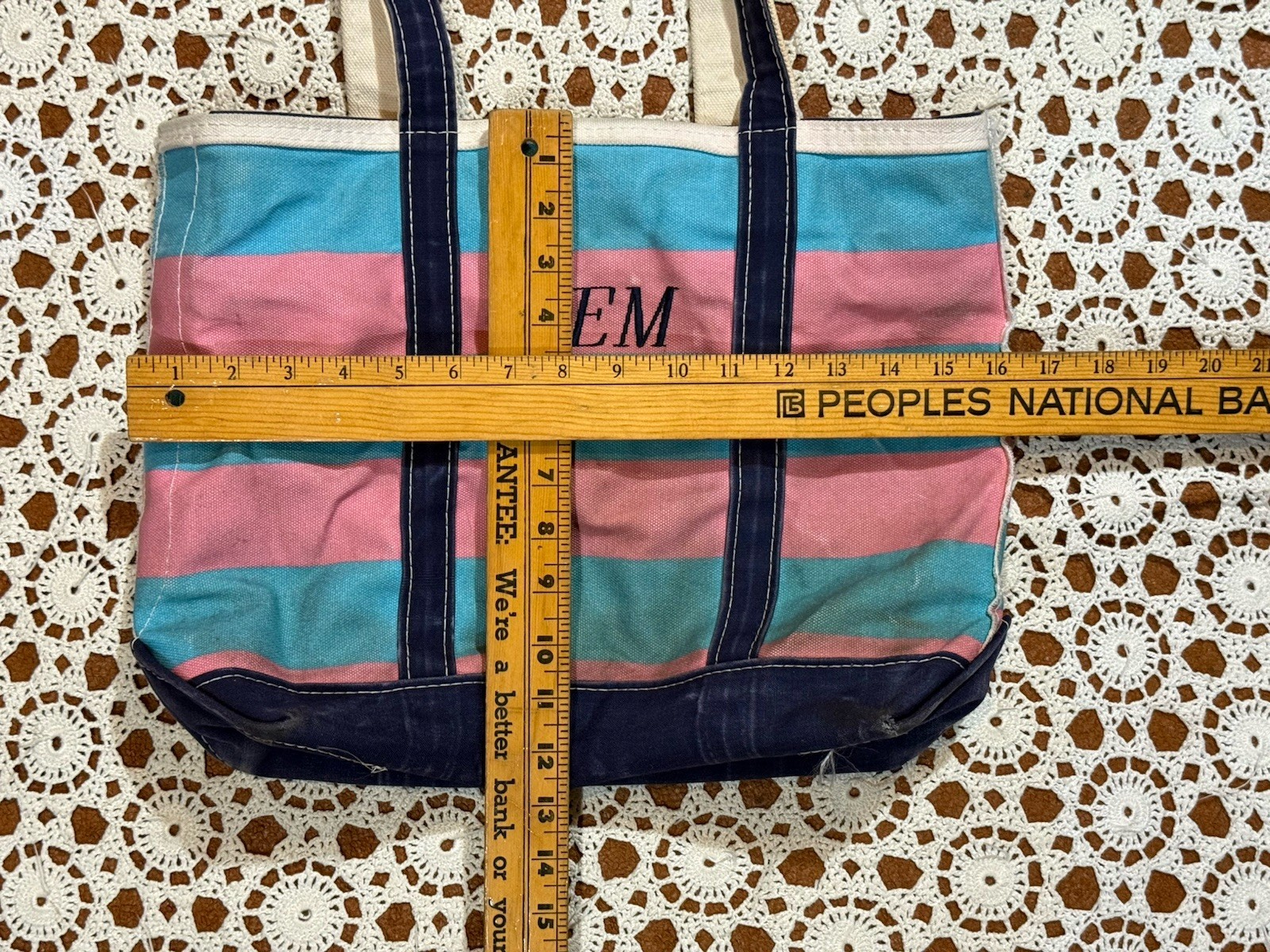 VTG 80s LL Bean Boat & Tote Bag USA Canvas Blue Pink Embroidered Gem Distressed
