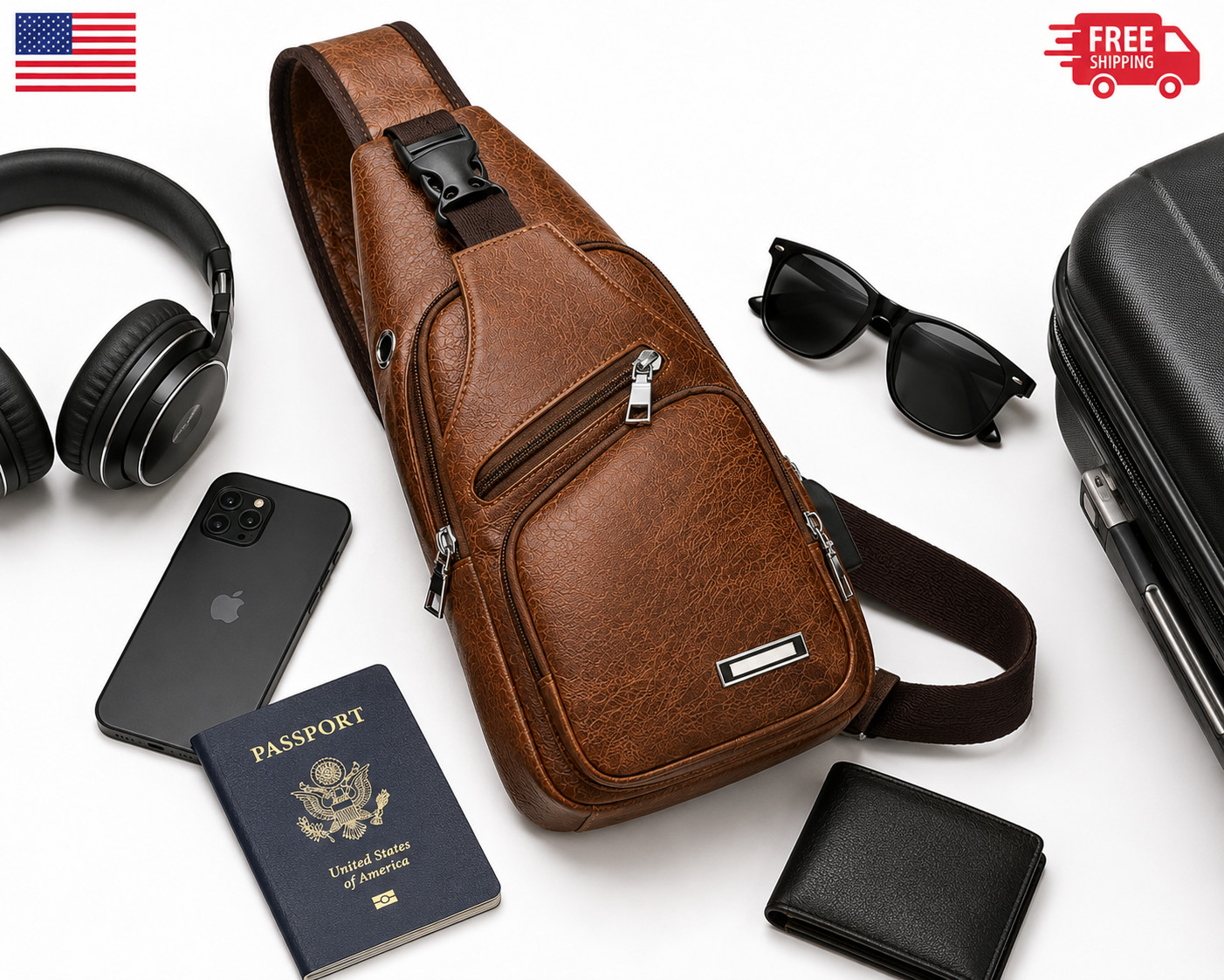 Chest Crossbody Bag Sling Backpack for Men with USB Charge Port Brown