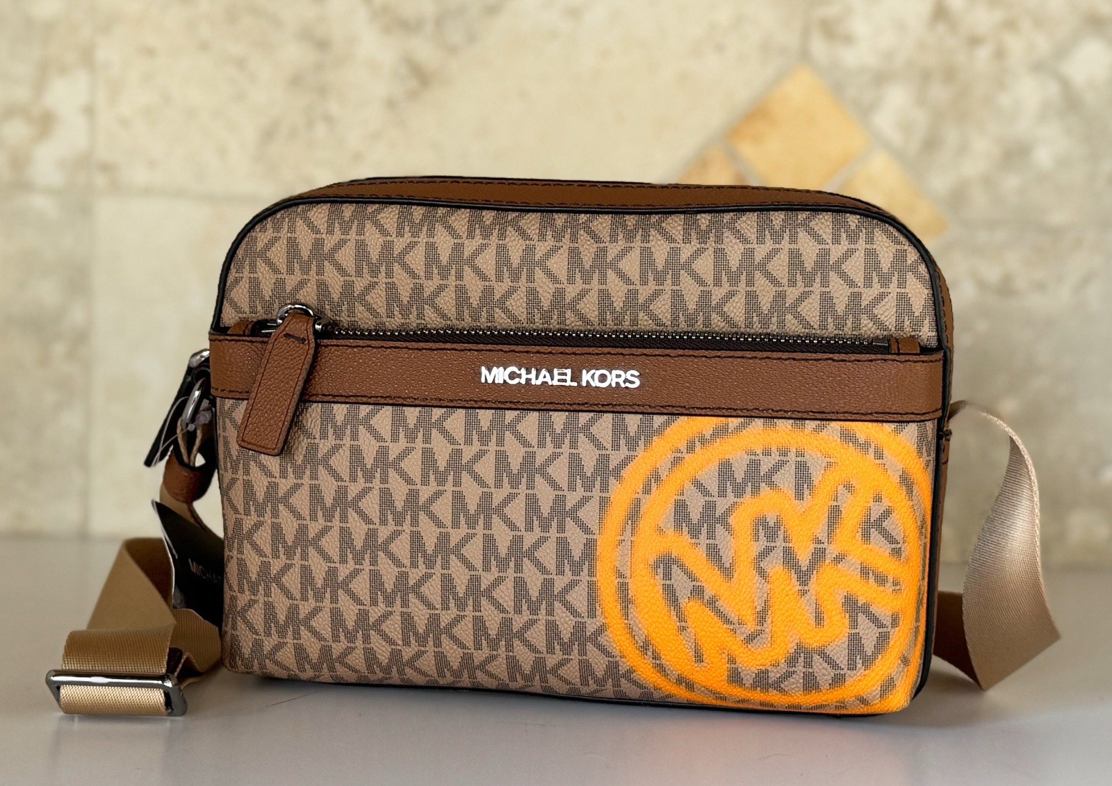 Michael Kors Cooper Utility Crossbody Flight Bag MK Brown/Pop Orange