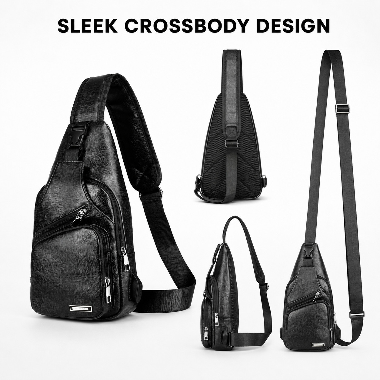 Black Chest Crossbody Bag Sling Backpack for Men with USB Charge Port Hole