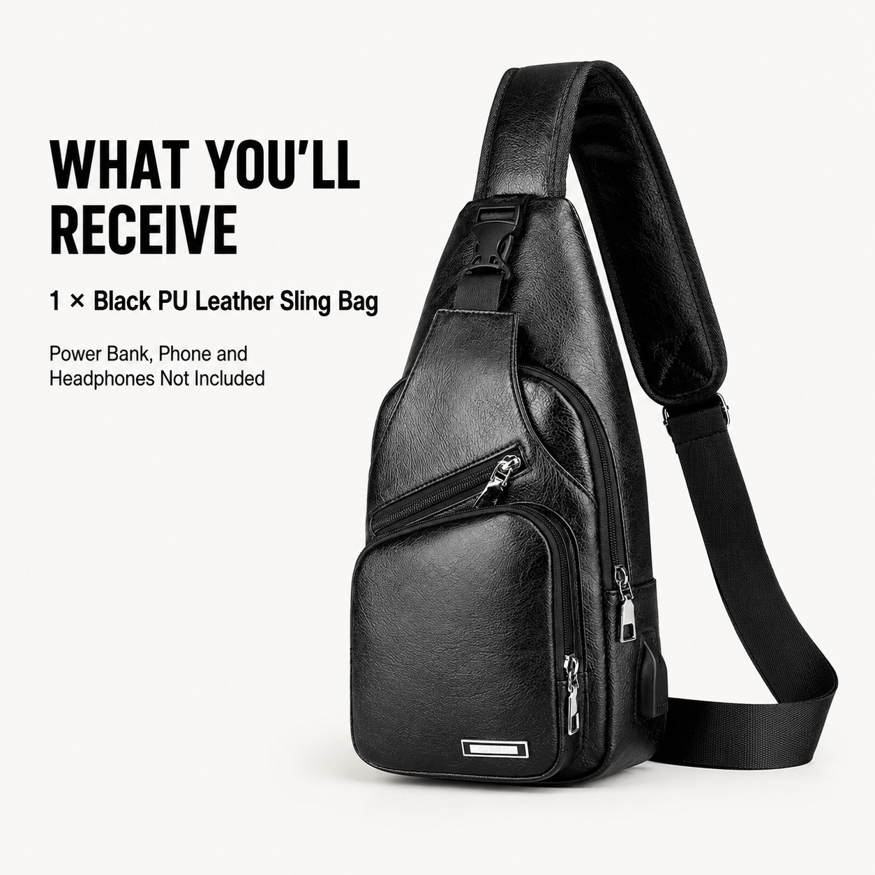 Black Chest Crossbody Bag Sling Backpack for Men with USB Charge Port Hole