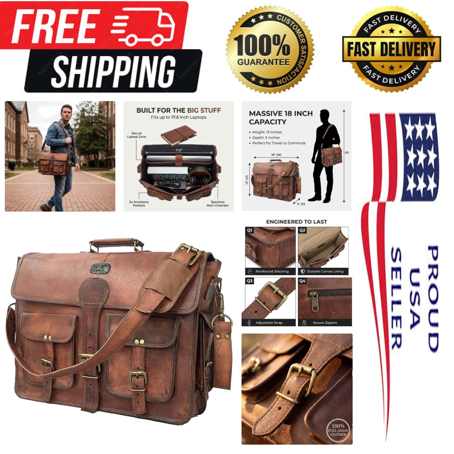 Leather Messenger Bag for Men, 18 Inch Laptop Crossbody, Handmade Leather Sho…