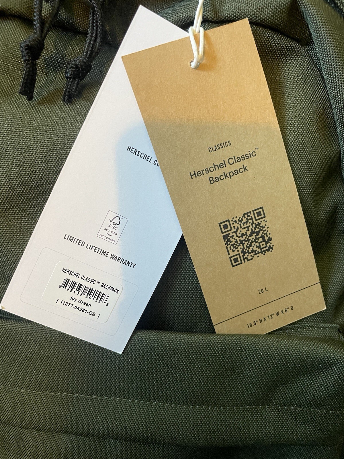 Herschel Ivy Green 20L Backpack Front Zip Pocket Striped Lining Adjustable