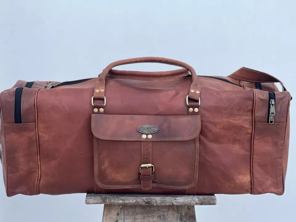 NEW 36″ Men Genuine Goat Leather Brown Duffel Travel Gym Weekend Overnight Bag