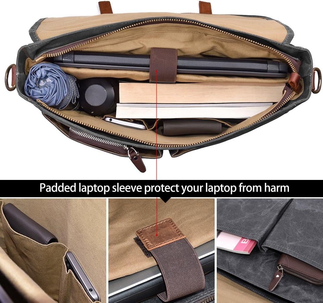 Men’s 15.6″ Waterproof Leather Canvas Laptop Messenger Bag Grey Satchel
