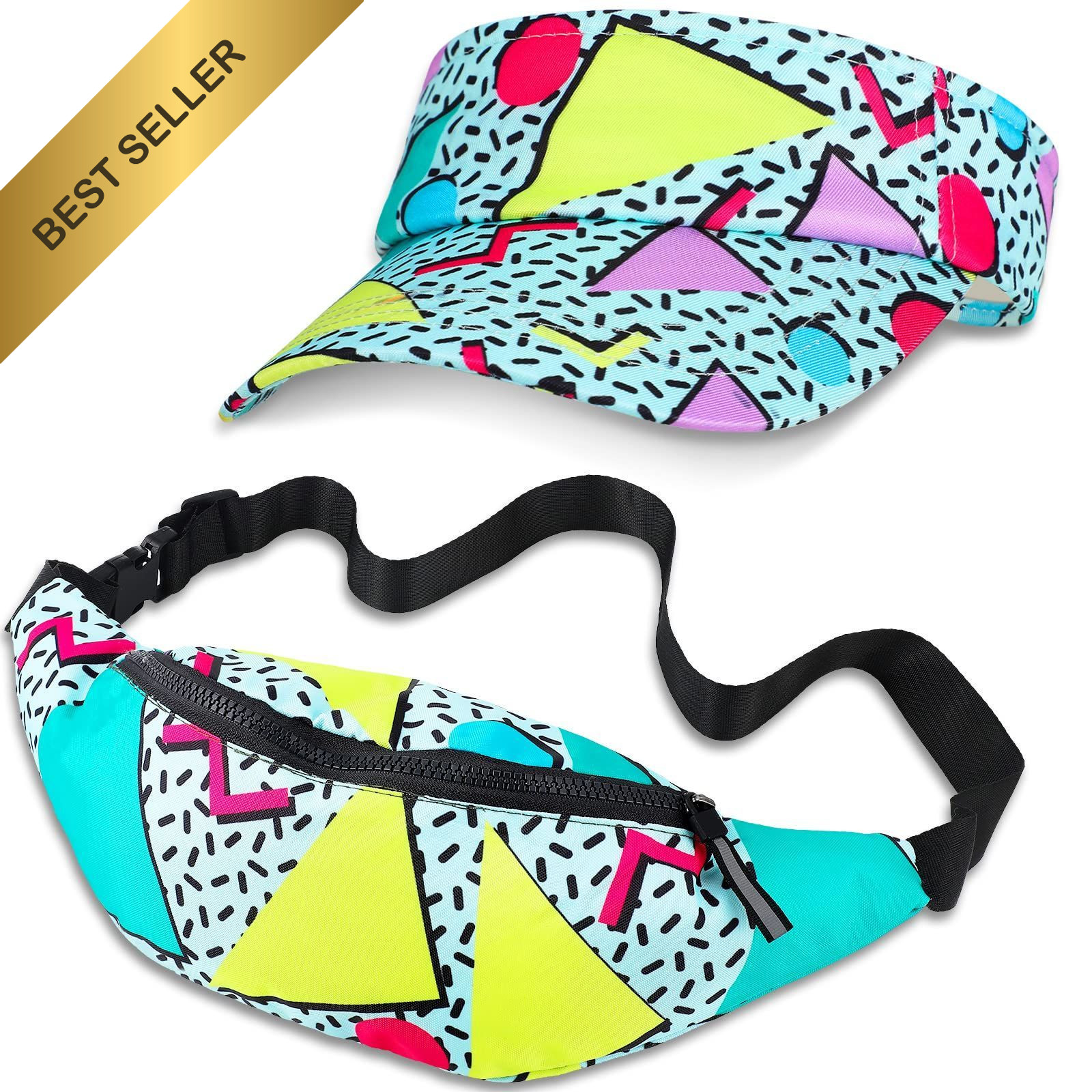 Mepase 2 Pcs 80s 90s Outfit Men Women Fanny Pack Sun Visor Hat Waist Bag Set