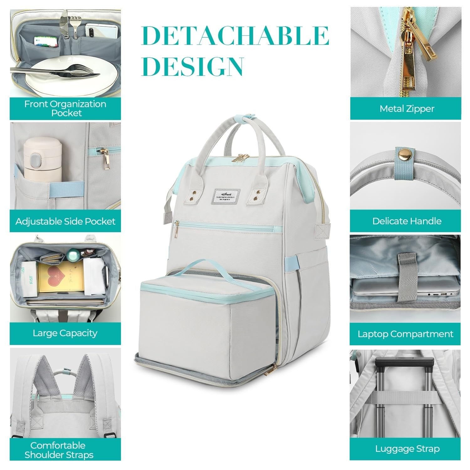 15.6 Inch Grey Blue Lunch Backpack Laptop USB Port Insulated Cooler Bag Tote