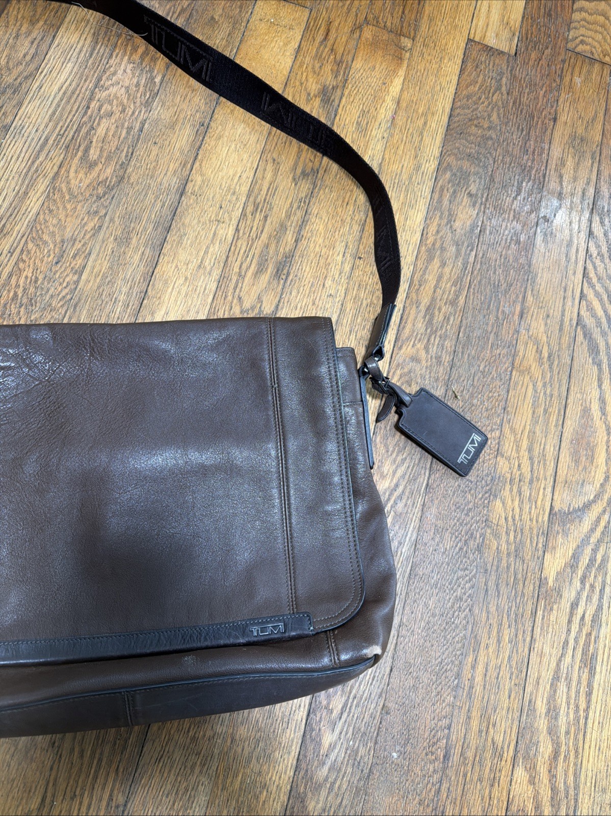 Tumi Dark Brown Leather Laptop Messenger Bag With Web Strap