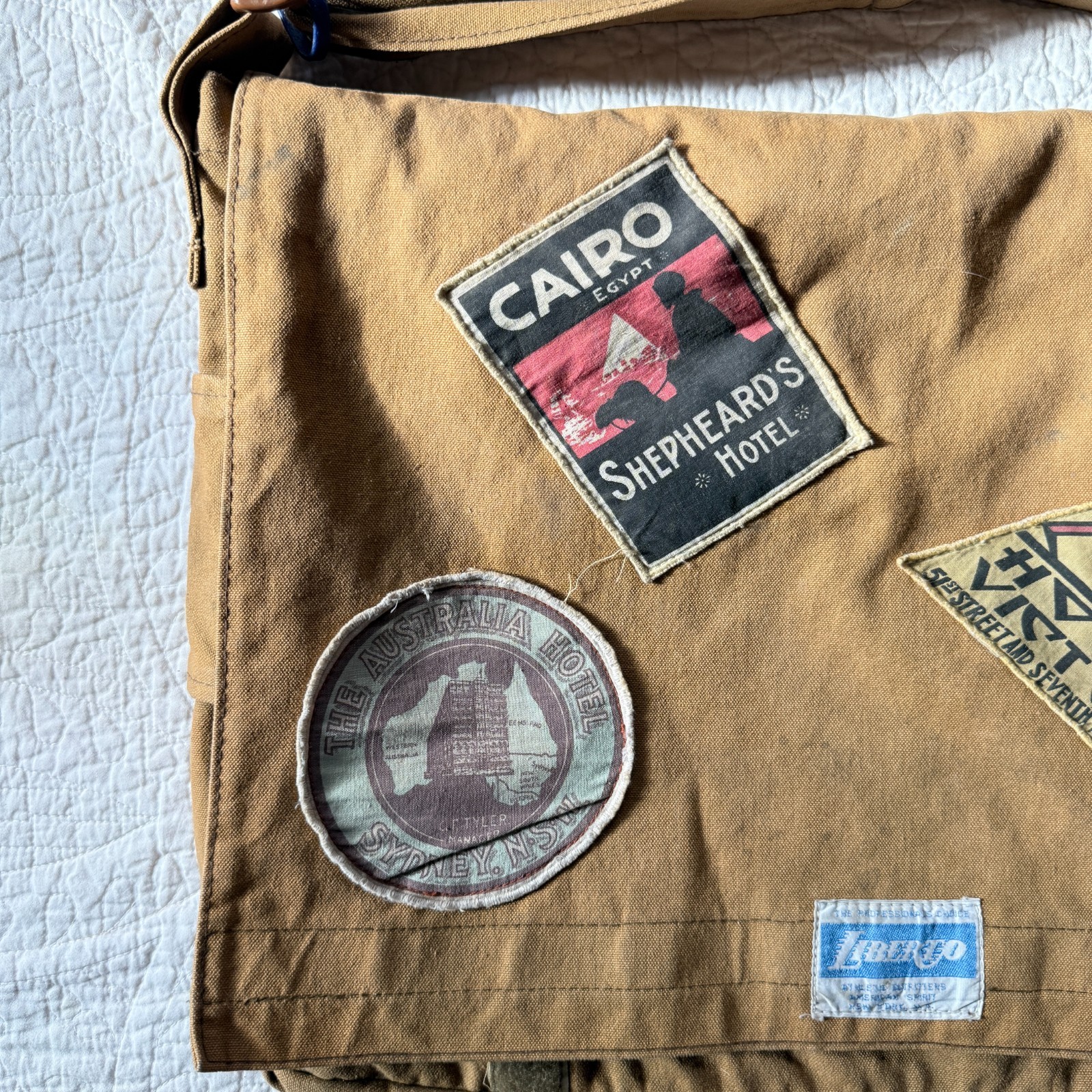 Vintage Liberto Canvas Messenger Shoulder Bag Commemorative Utility w/ Patches