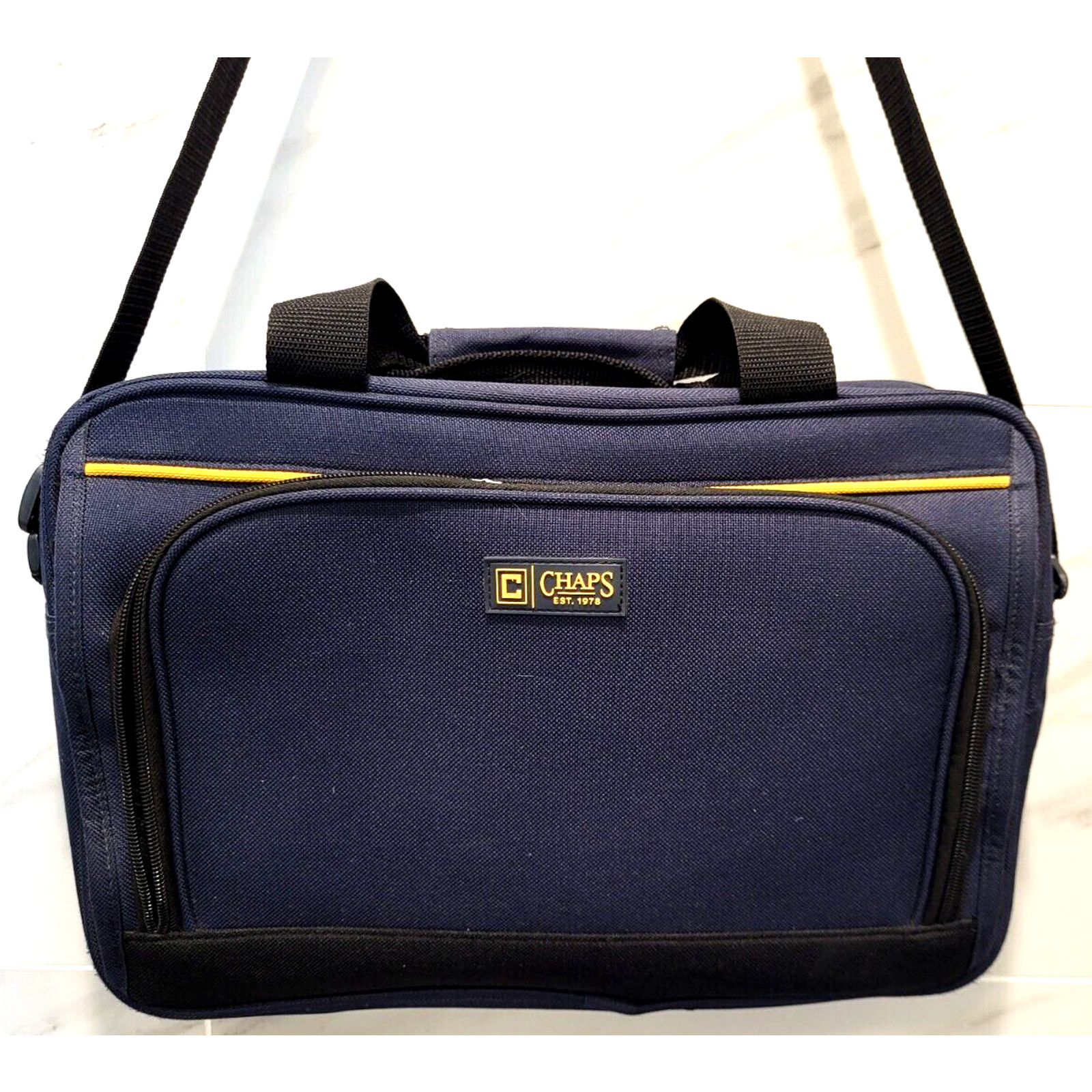 CHAPS Navy Carry-on Overnight Bag Yellow Accents Pockets Handles Shoulder Strap