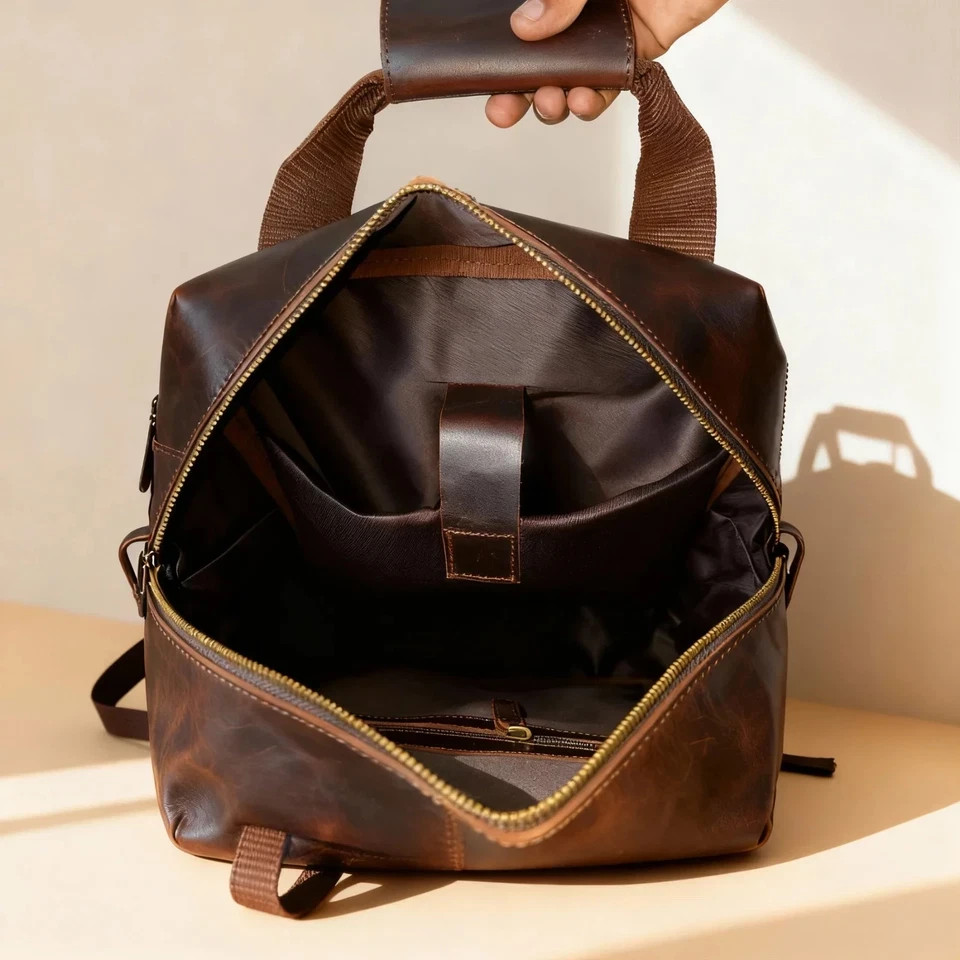 Professional Brown Leather Messenger Backpack Distressed Business Travel Rucksac