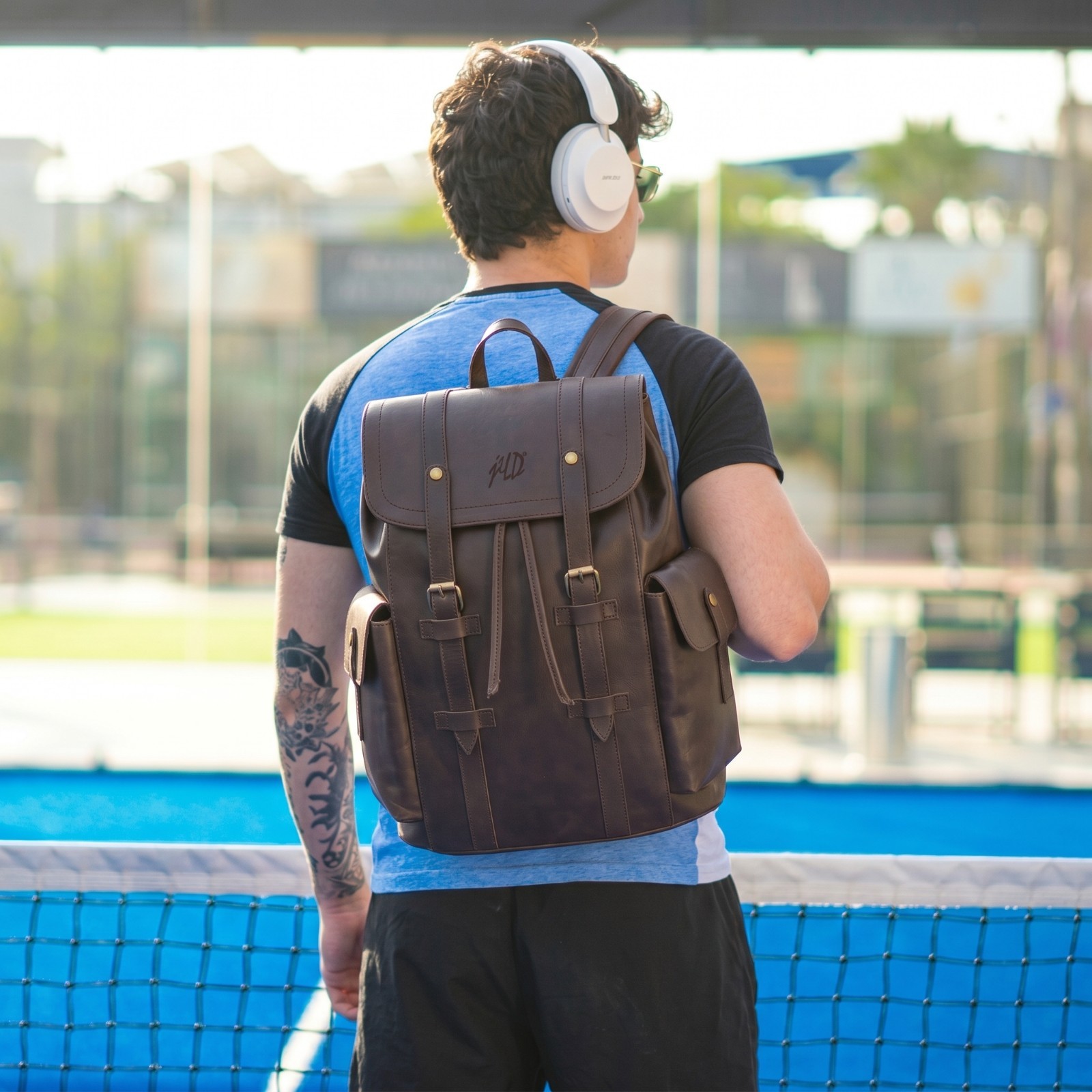 Leather Backpack Men Brown Green Laptop Office Travel Bag Double Shoulder Strap