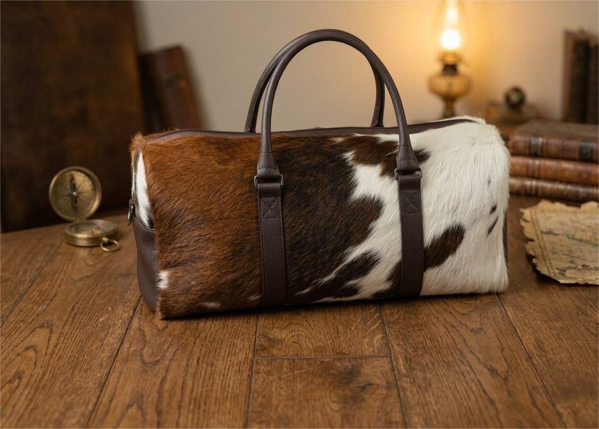 Cowhide Leather Duffel Bag | Cow hide Hair On Tricolor Weekender bag Travel Bag