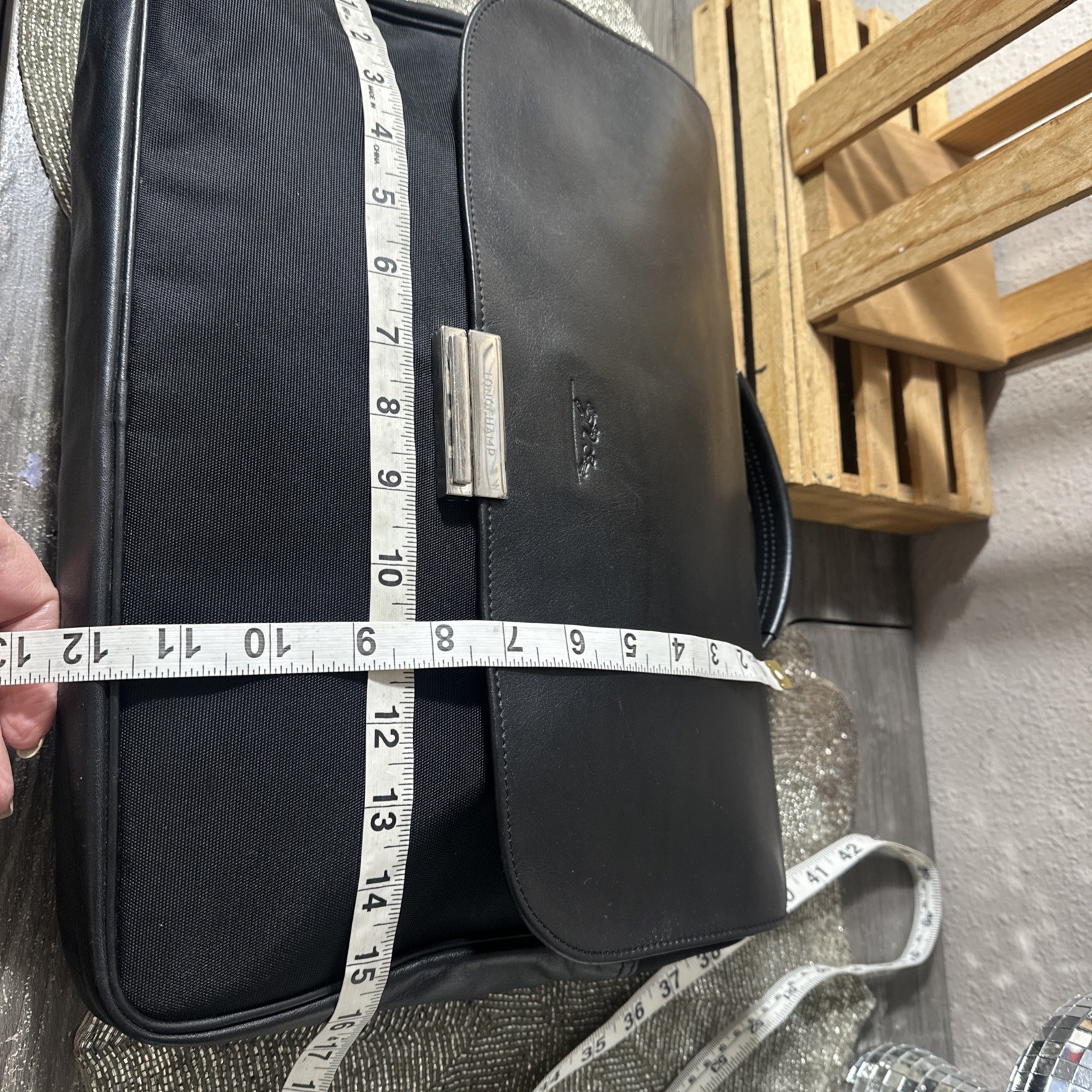 LongChamp Black Canvas LEATHER Push Lock Satchel Top Handle Briefcase PreOwned