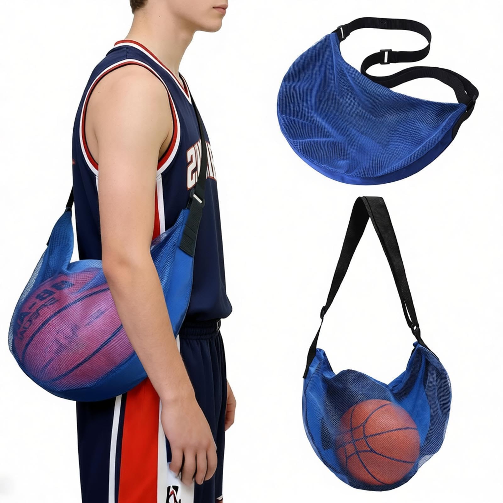 Blue Foldable Mesh Basketball Bag, Large Capacity Crossbody, Zip Storage