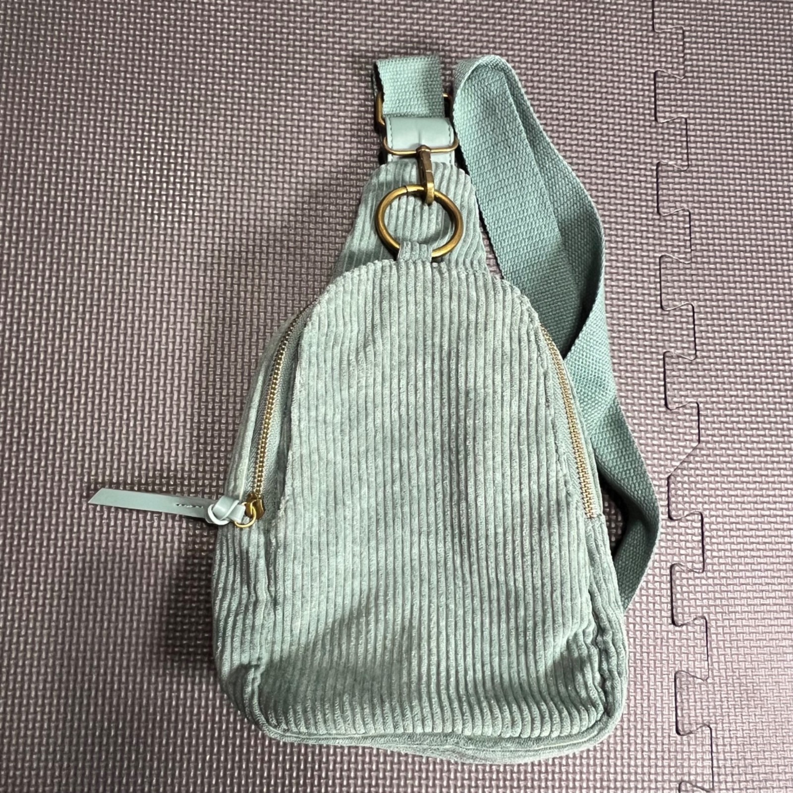Corduroy Sling Backpack With Adjustable Strap & Gold Accents Mint Green Casual D