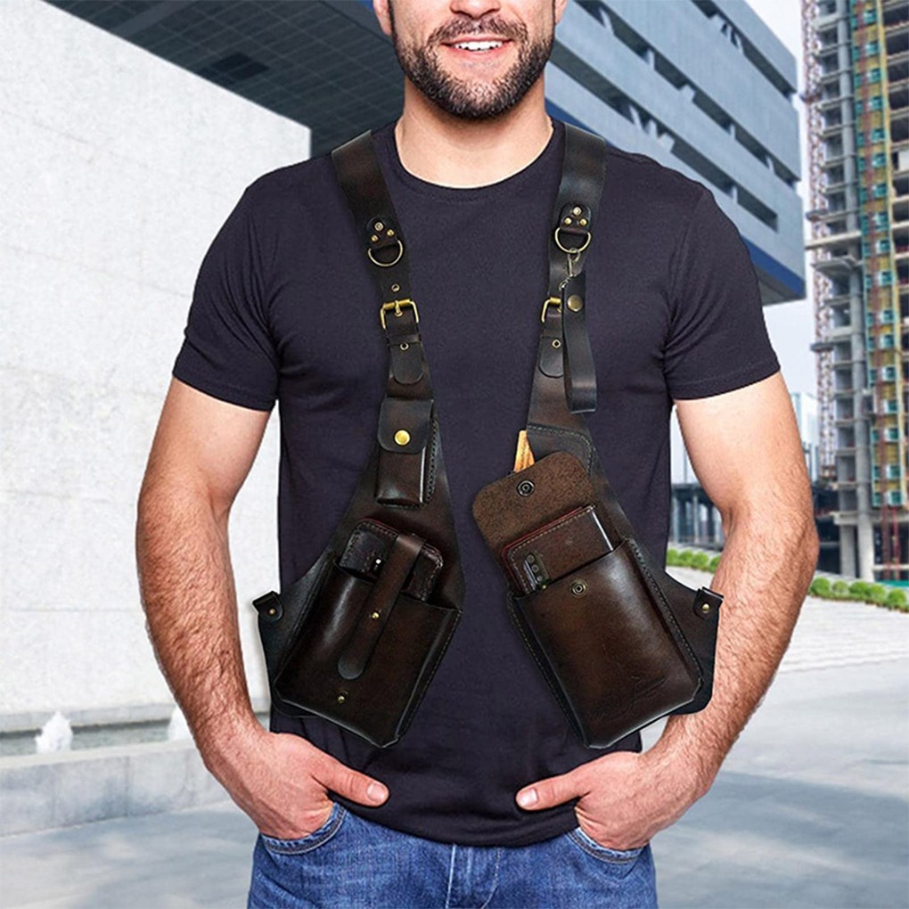 Men’s Underarm Shoulder Bag PU Leather EDC Chest Holster Phone Wallet Holder