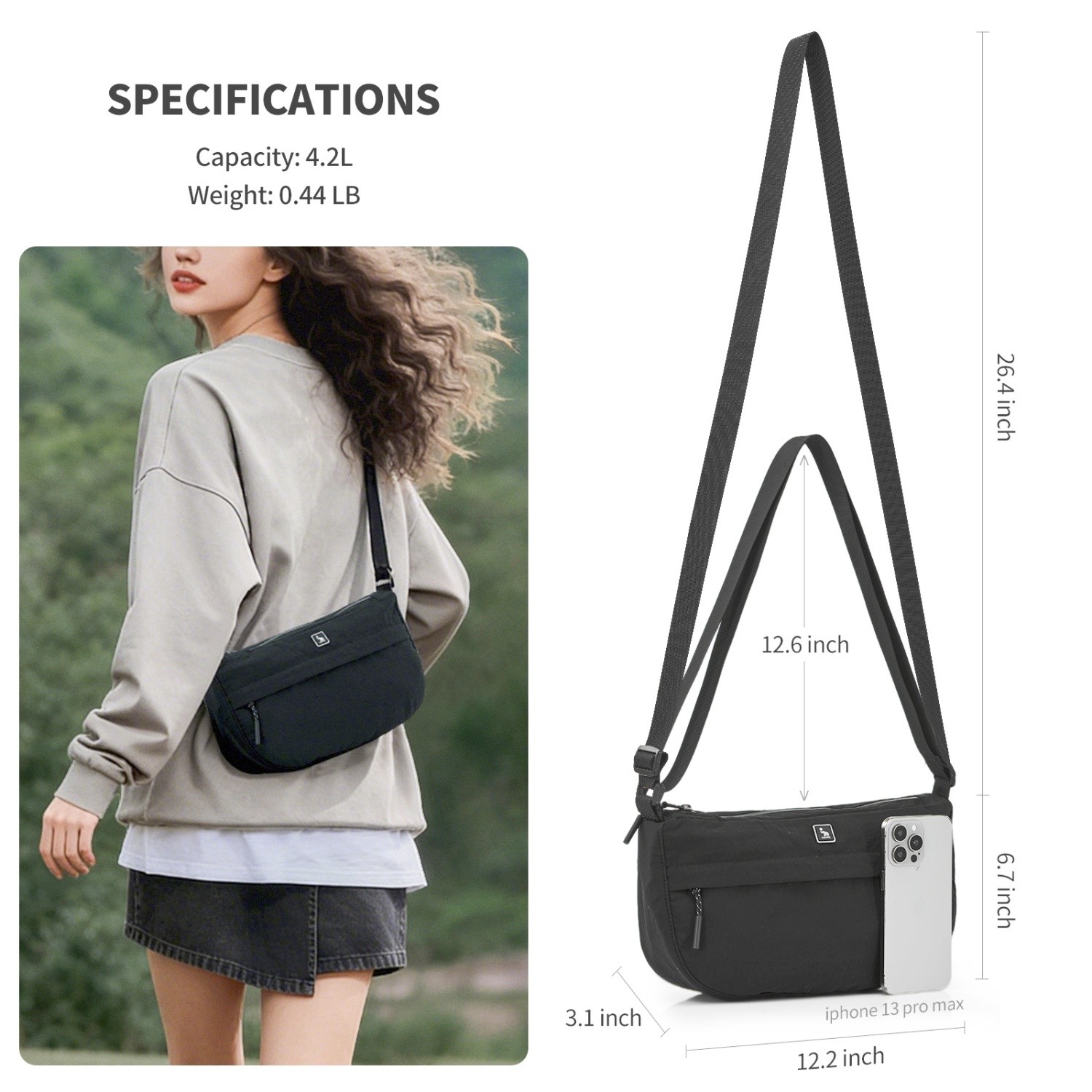 OIWAS Crossbody Bag Lightweight Adjustable Sling Bag Men Women Crecent Bag Black