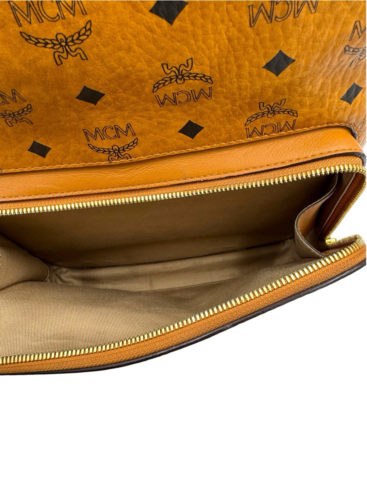 Authentic MCM Stark Visetos Cognac Medium Backpack Gold Hardware Brown