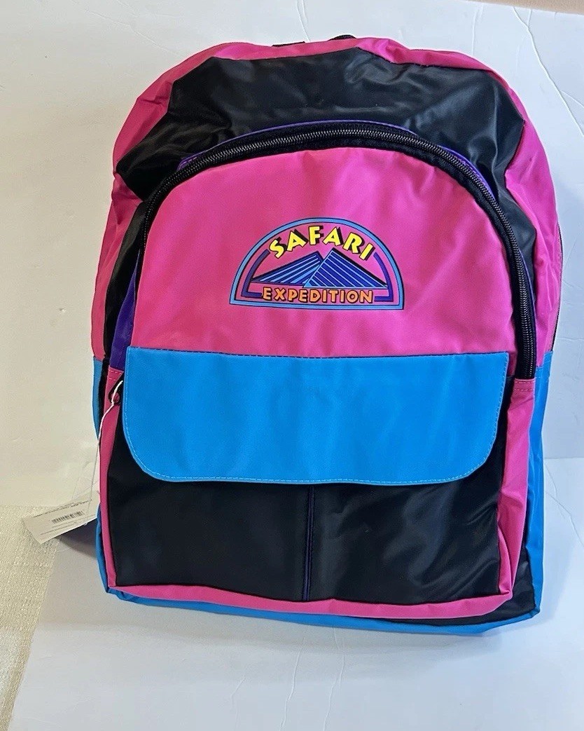 Vintage Safari Expedition Backpack Neon Pink Blue Retro 80s 90s Style School Bag