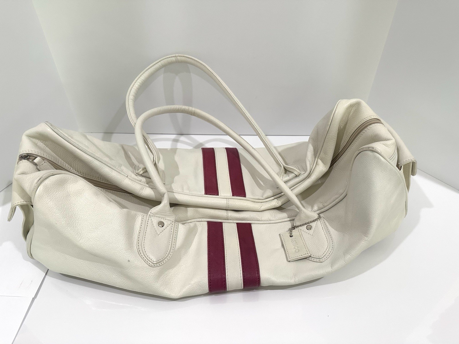 Latico NJ 22” Leather Retro Duffel Weekender Bag White w Pink Bowling Stripes