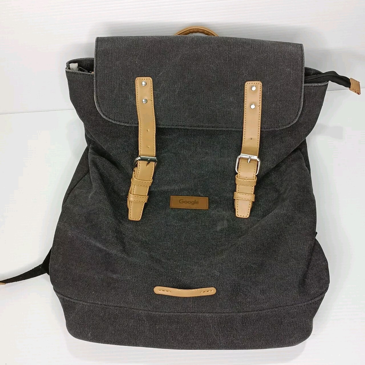 Google Backpack Bag Padded Laptop Grey Canvas Magnetic Snap Button Zip Flawed