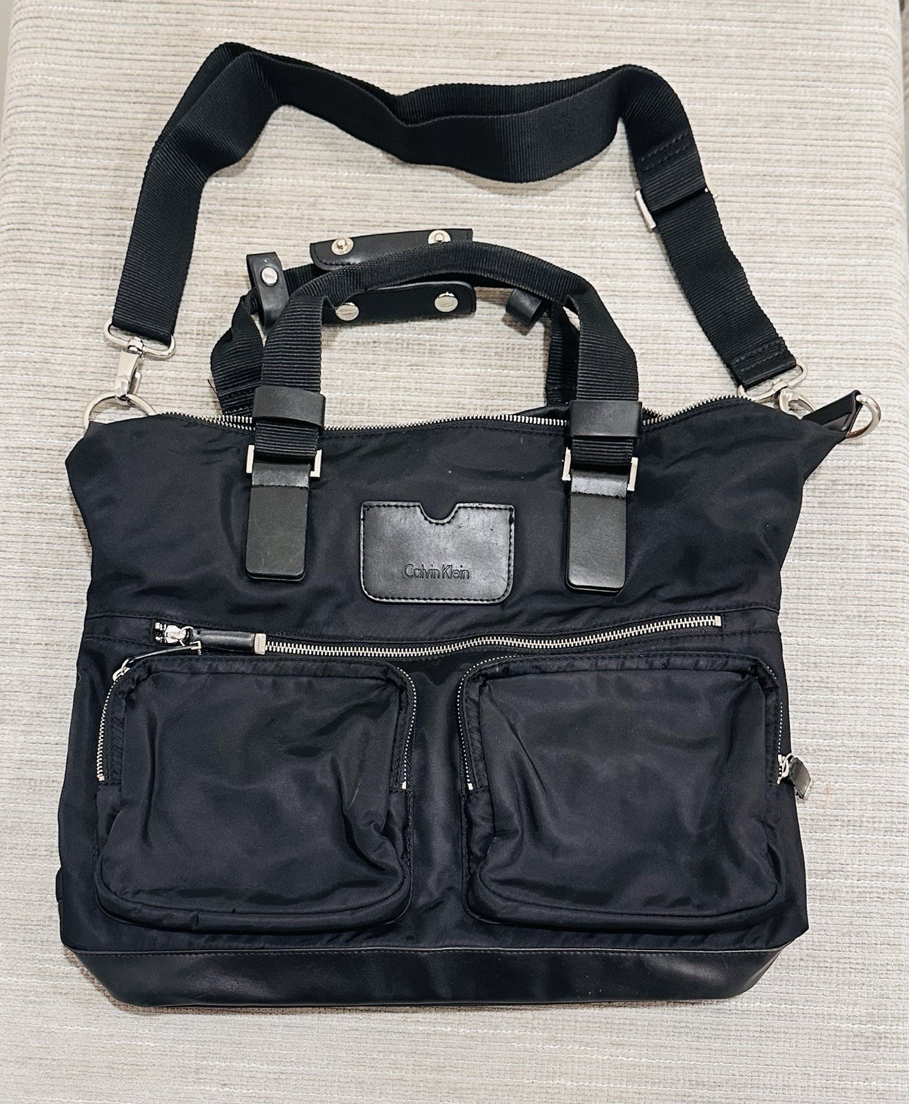 Calvin Klein Black Nylon Travel Duffel Weekender Messenger Bag Multi-Pocket