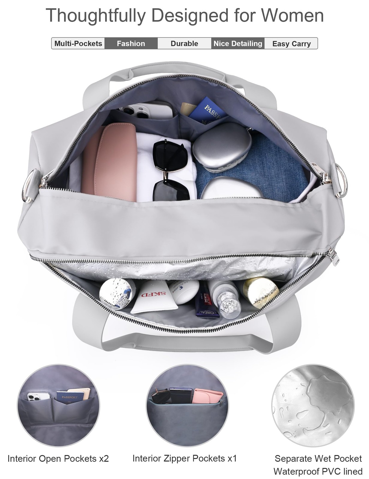 19-inch Medium Neutral Grey Gym Bag, Shoe Compartment, Wet Pocket, Duffle