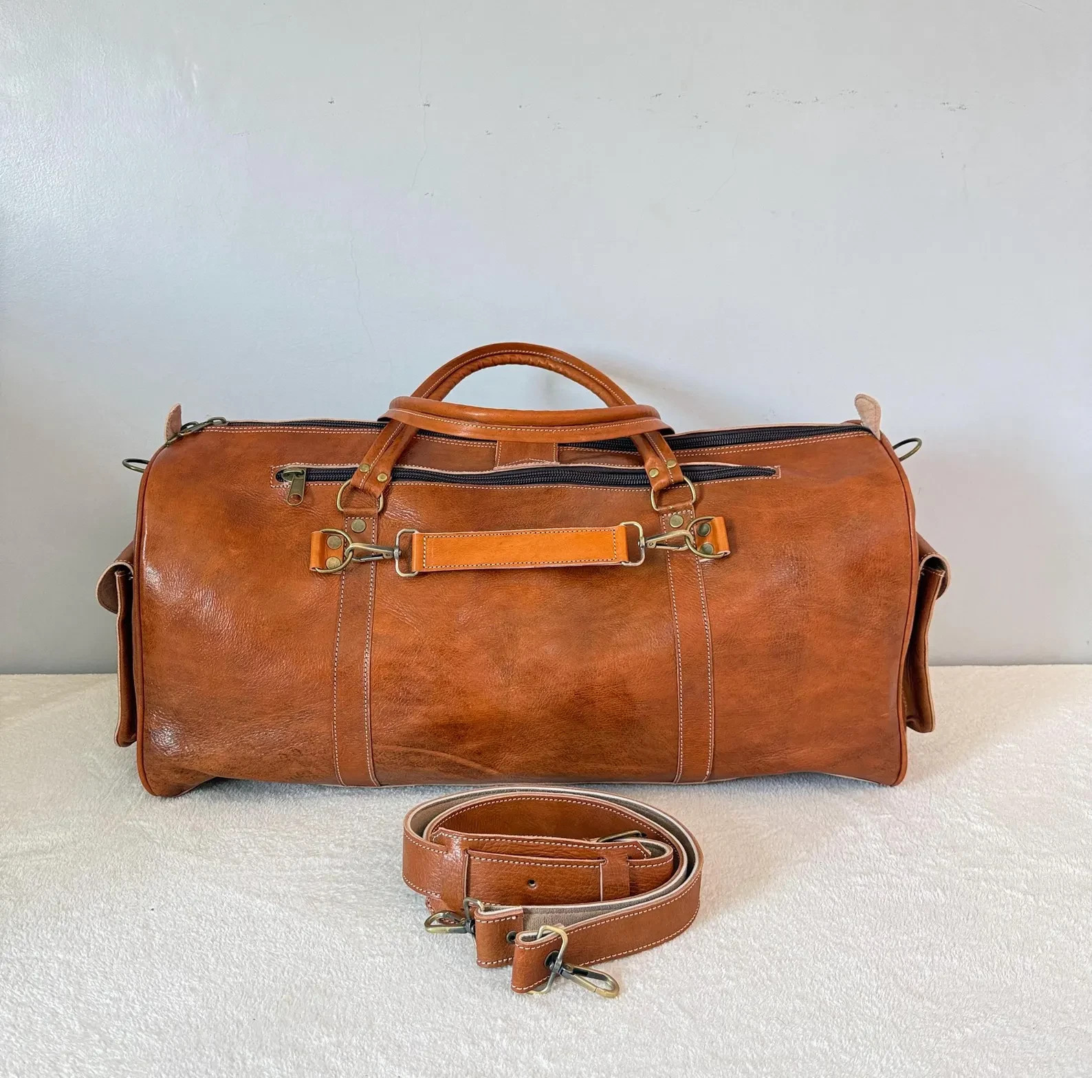 Handcrafted Genuine Leather Travel Bag with Adjustable Removable Shoulder Strap