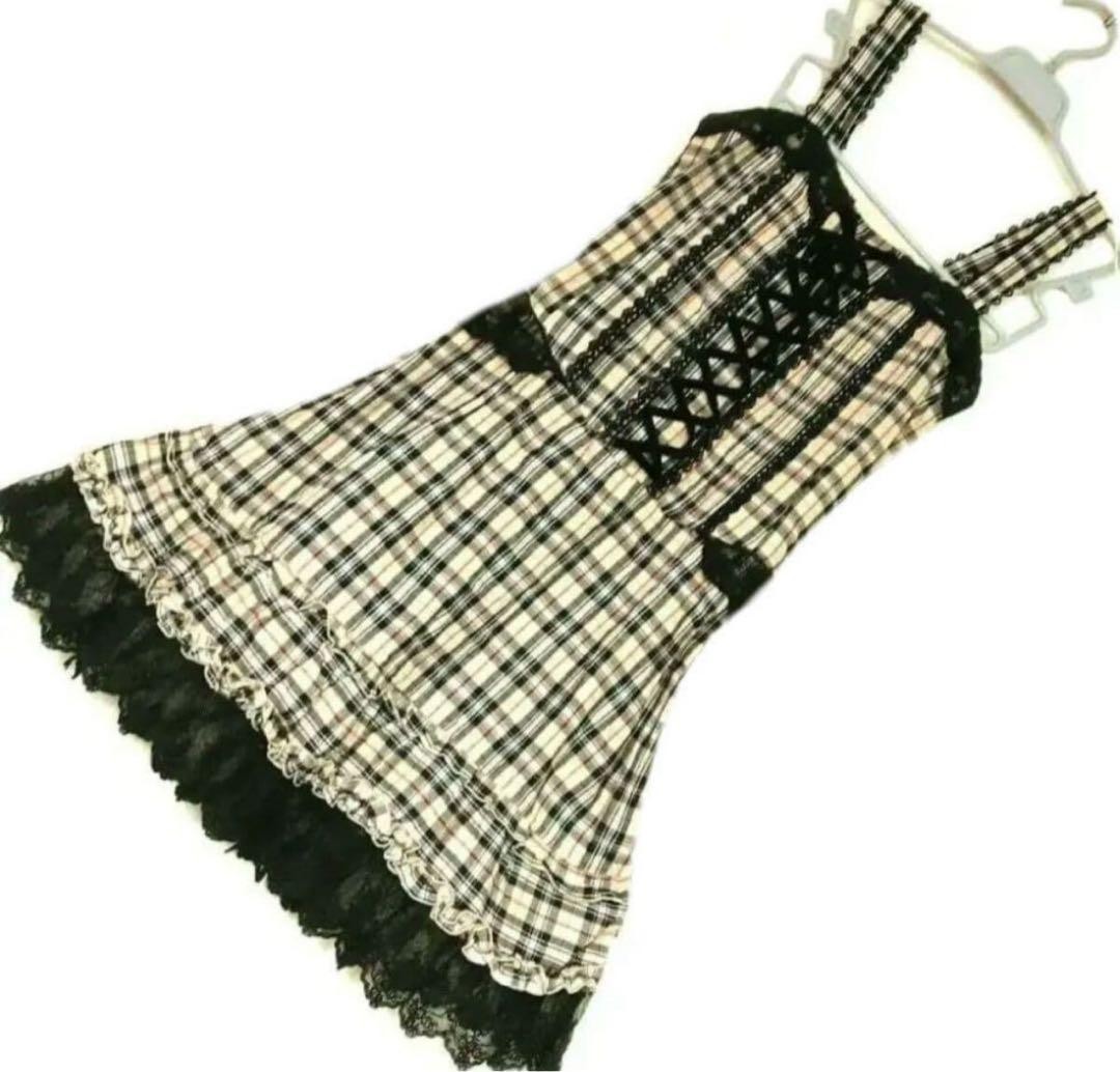 Axes Femme Lace-up Check Tiered Dress Beige Gown Molly Gyaru Retro
