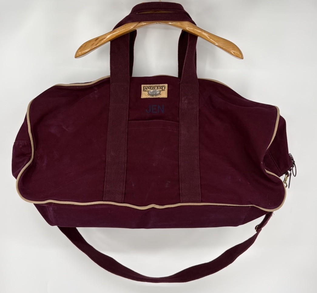 Vintage LANDS END XXL Duffle Bag Square Rigger Heavy Canvas Burgundy Brass USA