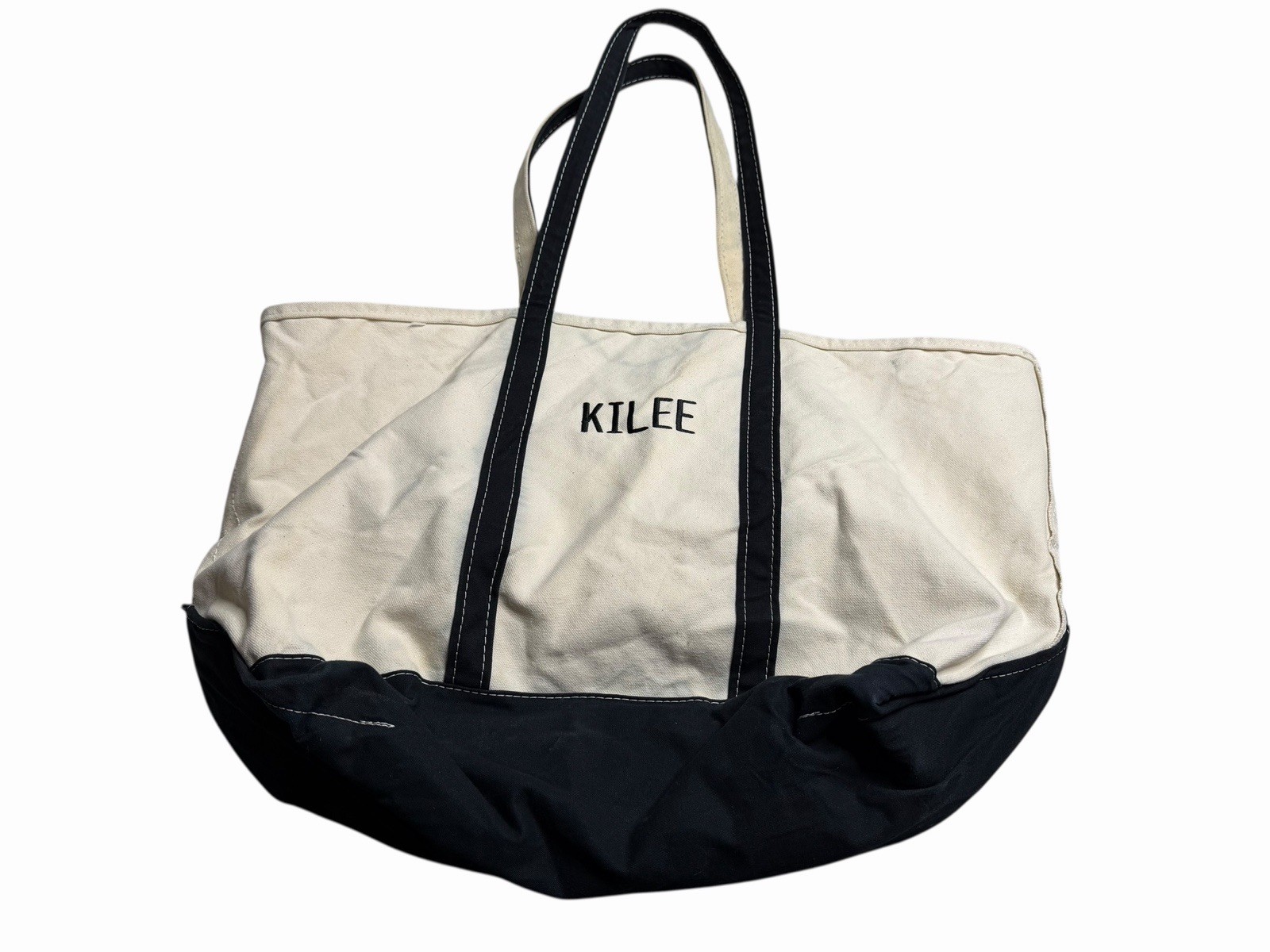 LL Bean Boat And Tote Large Bag 25” Ivory Canvas Black Trim Open Top Made In USA
