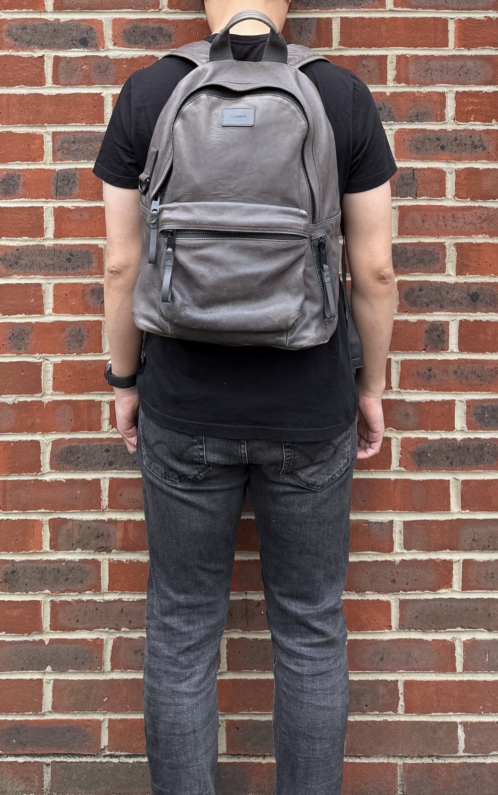 AllSaints ARENA Leather Backpack Bag Grey Brown Mens Ladies Unisex Rucksack