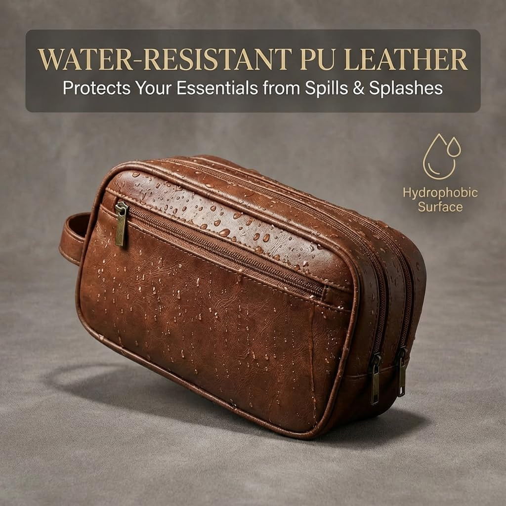 Men’S Toiletry Bag Travel Dopp Kit – Double-Deck Leather Water-Resistant Shaving