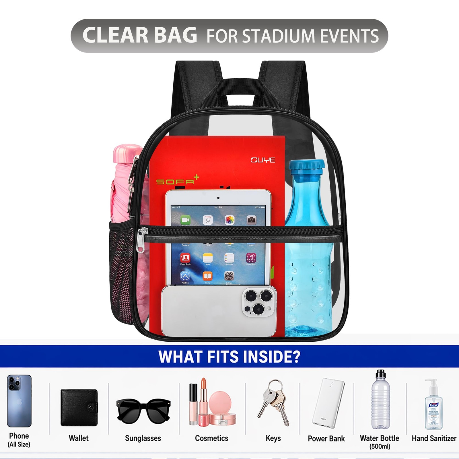 Oraben Clear Backpack Stadium Approved, Clear Bag 12 x 6 x 11 in, Small Trans…