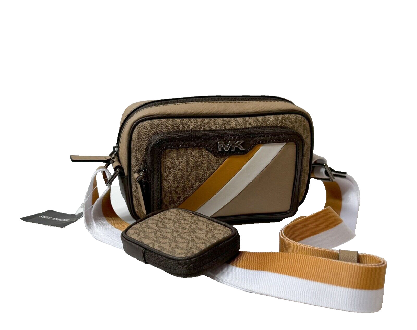 MICHAEL KORS RIVINGTON STRIPED CROSSBODY CAMERA BAG WITH POUCH GOLDEN ROD