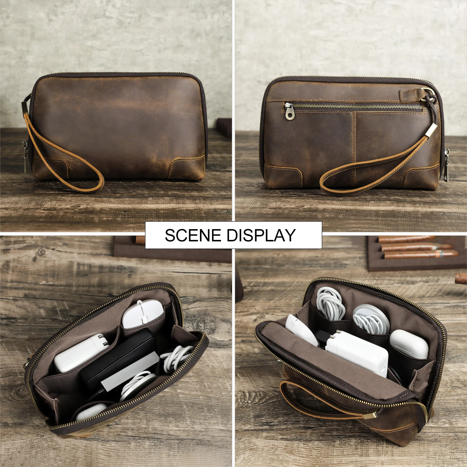 CONTACTS FAMILY Genuine Leather USB Data Cable Storage Handbag Clutch Bag For Ea