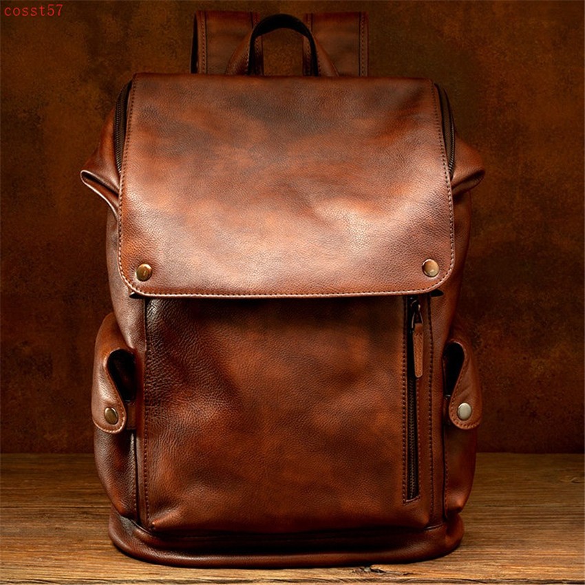Handmade Really Cow Leather Backpack Vintage Men’s Casual Travel Bag Laptop Bag
