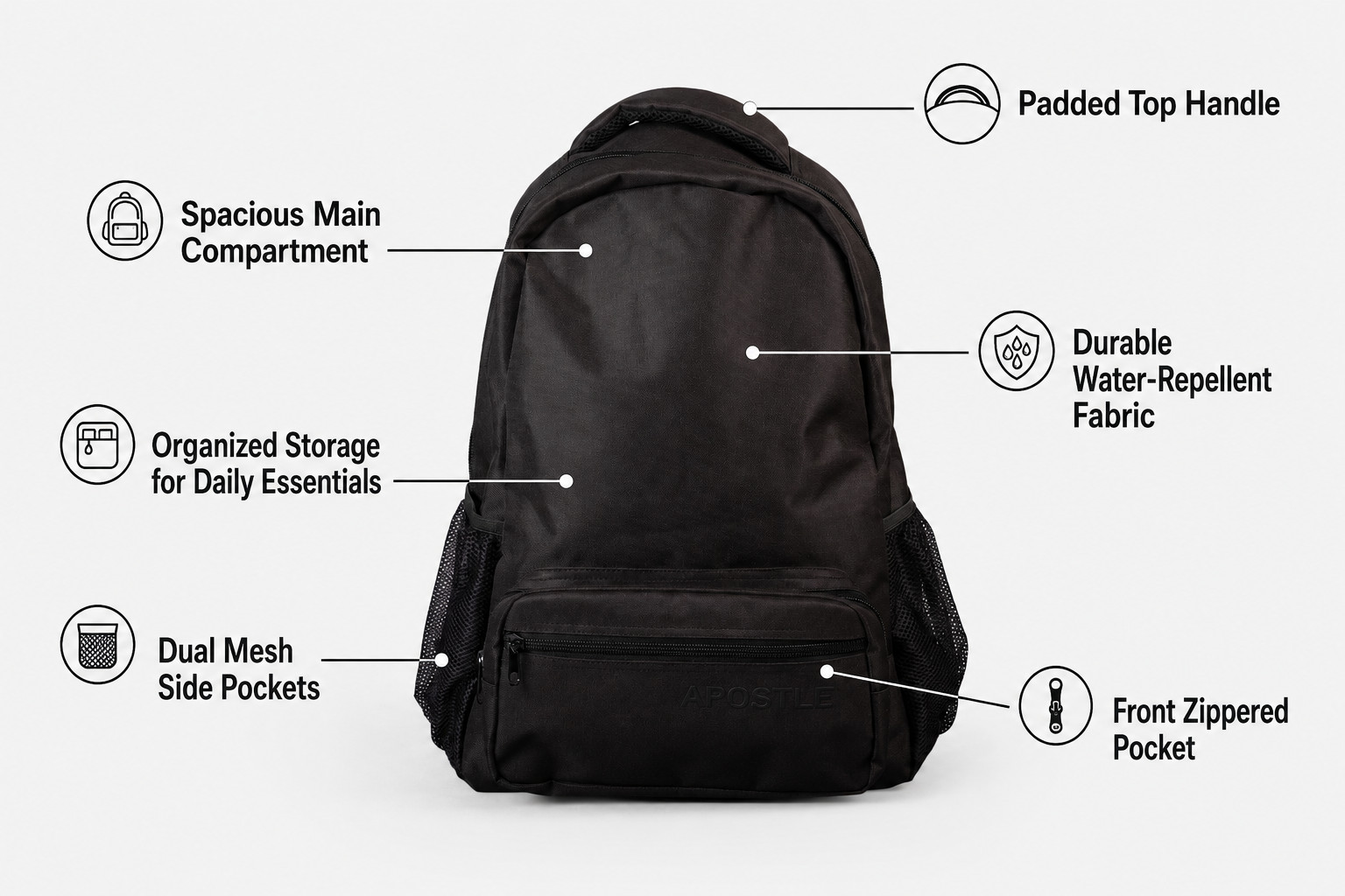 Apostle 16in Laptop Backpack Black Water Repellent Work Travel Bag 28L New