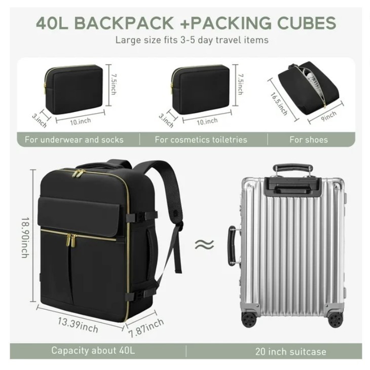 CshidWorld Travel Backpack 40L Large TSA Carry-On Fits 17″ Laptop – Black & Gold