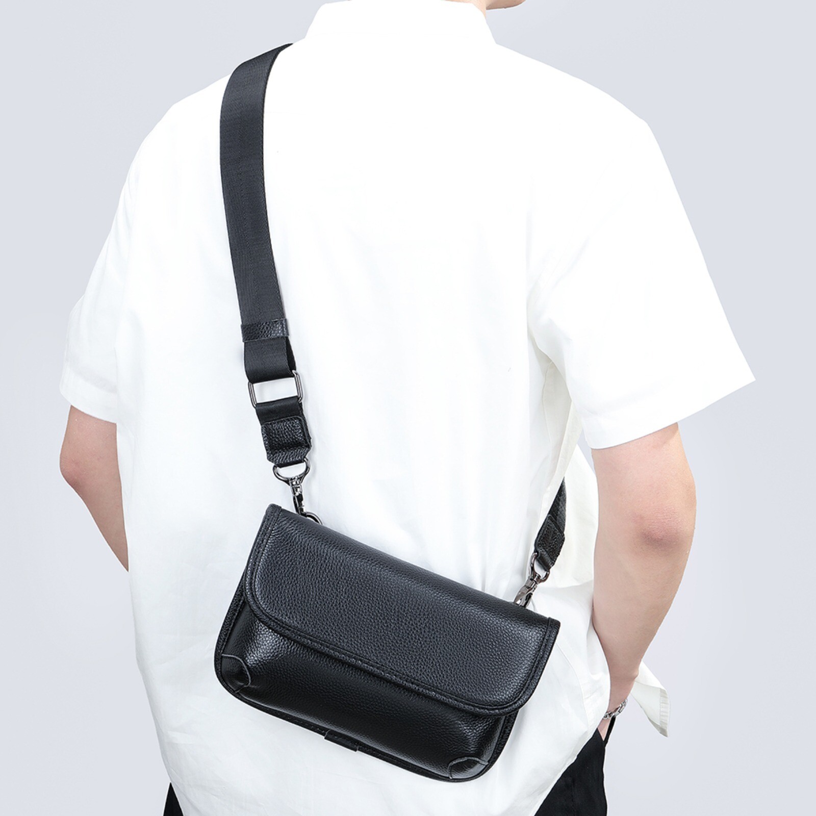 Mens Leather Shoulder Bag Black Crossbody Business Casual with Multi-Pocket