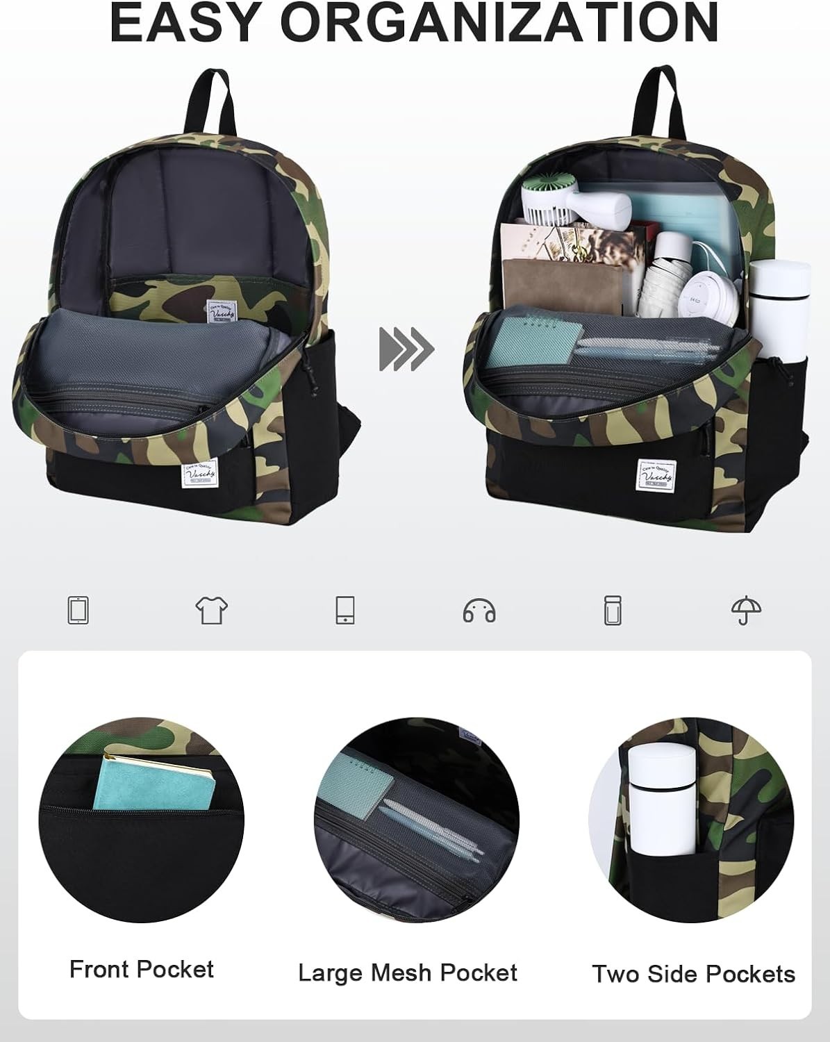 Lightweight Water Resistant Backpack for Men Camo Black Daypack Travel